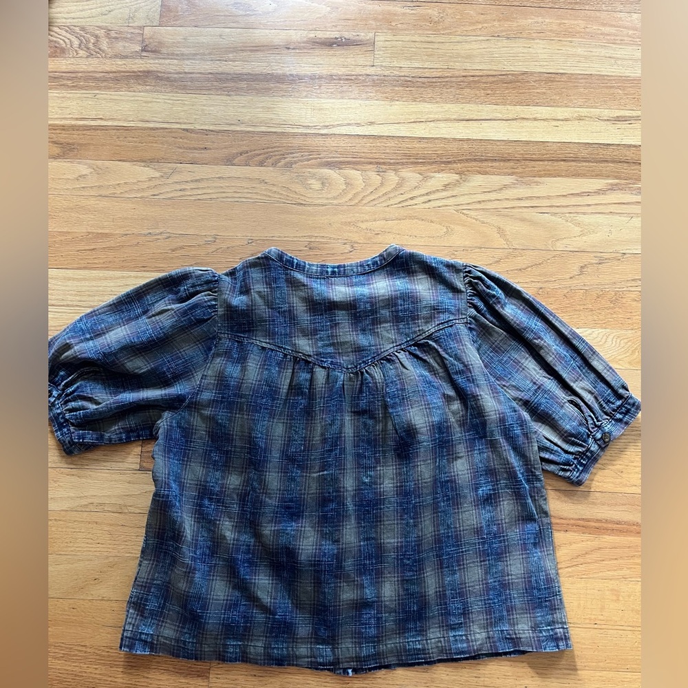 Evereve Blue Gracie Puff Sleeve Plaid Button-Up Blouse Size Women’s Medium - Picture 4 of 4